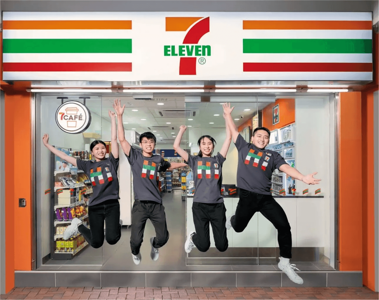 Jumping team member at 7-Eleven Store Front